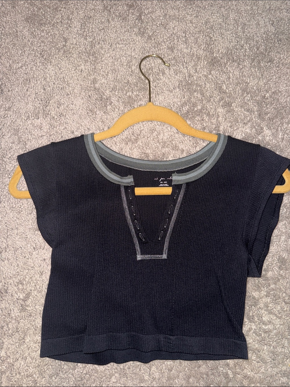 Urban Outfitters Navy Short Sleeve Knit Top with Gray Trim